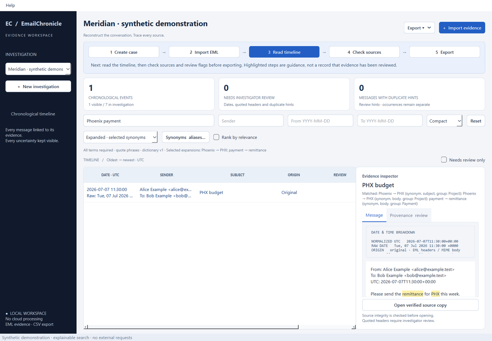 EmailChronicle development search showing synthetic Phoenix payment results and selected synonym explanations