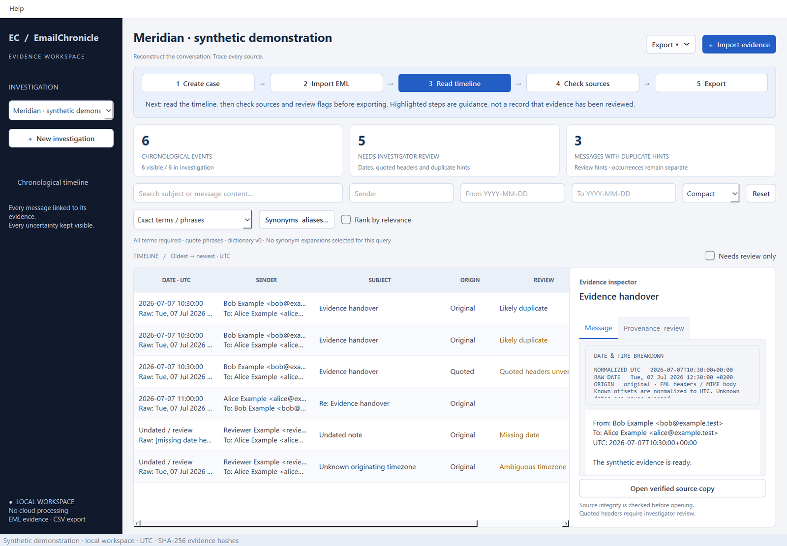 EmailChronicle development timeline showing synthetic messages, duplicate hints and missing-date review flags